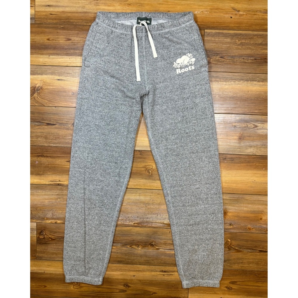 Roots Salt & Pepper Grey Sweatpants Beaver Logo Graphic Joggers Mens Small